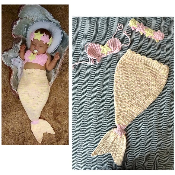 Mermajesty Other - Mermajesty Crochet Mermaid Outfit Set | Tail, Top & Headband | Pink & Yellow